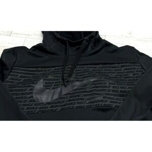 Mens NIKE DRI-FIT Black Graphic Hoodie Swoosh Logo Repeating Pattern LARGE